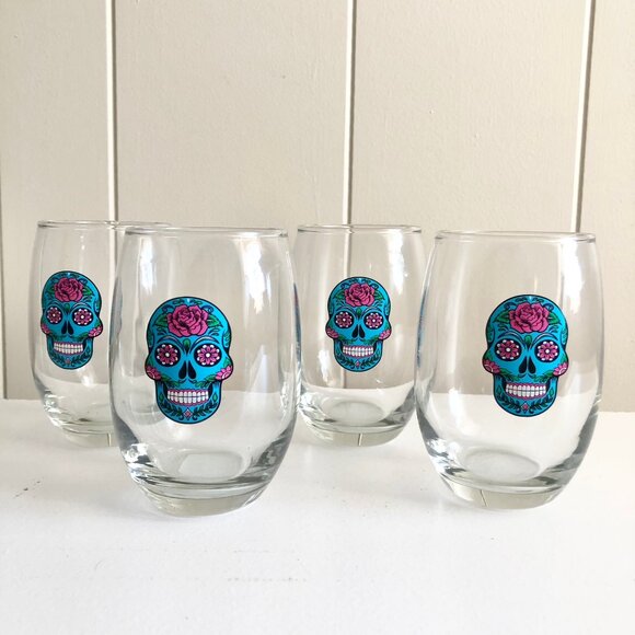 Cristar Aqua Blue Sugar Skull Stemless Wine Glasses Set of 2 Day of The Dead - Picture 3 of 5